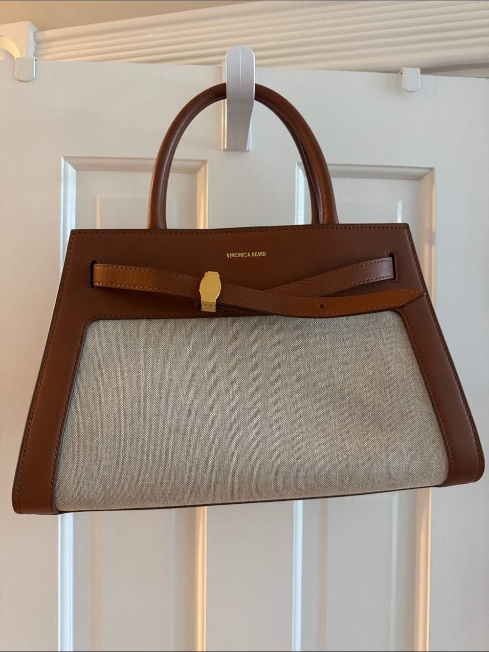Veronica Beard Brown Leather and Beige Canvas Satchel